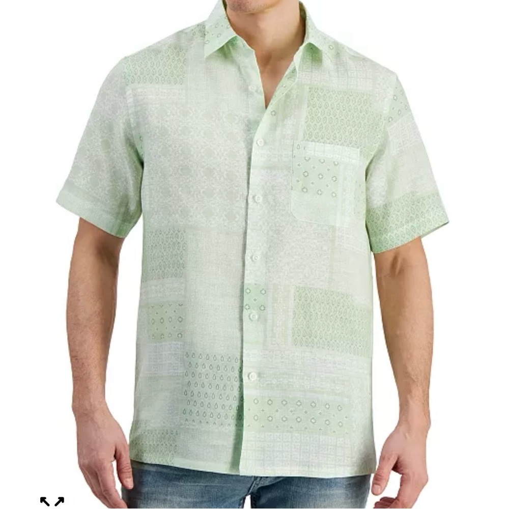 Club Room MENS Linen Paisley Patchwork Button Down Shirt Green Size XL
